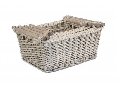 Basket, Set of 4 ANTIQUE WASH WOODEN HANDLED STORAGE BASKETS 
