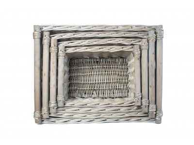 Basket, Set of 4 ANTIQUE WASH WOODEN HANDLED STORAGE BASKETS 