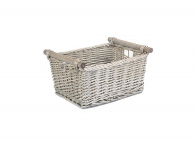 Basket, MEDIUM ANTIQUE WASH WOODEN HANDLED STORAGE BASKET