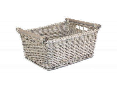 Basket, EXTRA LARGE ANTIQUE WASH WOODEN HANDLED STORAGE BASKET