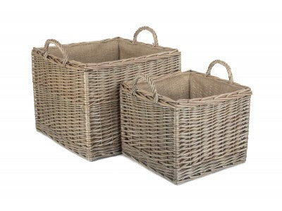 Basket, Set of 2 SQUARE LINED WICKER LOG / STORAGE BASKETS 