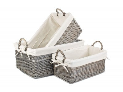Basket, Set of 3 SHALLOW ANTIQUE WASH STORAGE BASKETS with WHITE LINING 