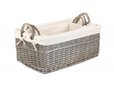 Basket, Set of 3 SHALLOW ANTIQUE WASH STORAGE BASKETS with WHITE LINING 