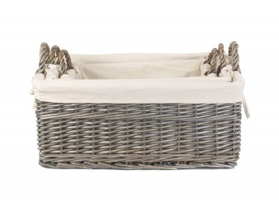Basket, Set of 3 SHALLOW ANTIQUE WASH STORAGE BASKETS with WHITE LINING 