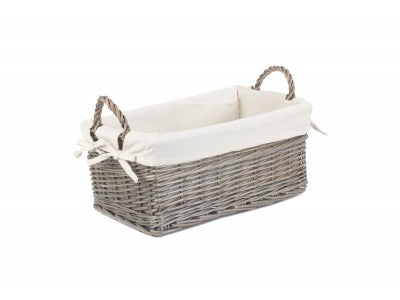 Basket, SMALL SHALLOW ANTIQUE WASH STORAGE BASKET with WHITE LINING