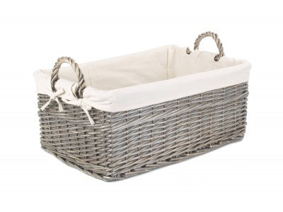 Basket, LARGE SHALLOW ANTIQUE WASH STORAGE BASKET with WHITE LINING