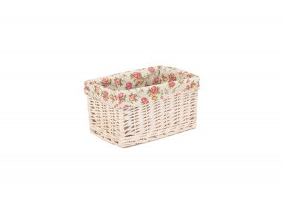 Basket, SMALL WHITE WASH STORAGE BASKET with GARDEN ROSE LINING