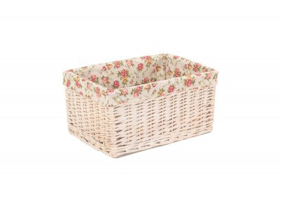 Basket, LARGE WHITE WASH STORAGE BASKET with GARDEN ROSE LINING