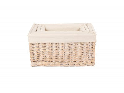 Basket, Set of 4 WHITE WASH STORAGE BASKETS with WHITE LINING 