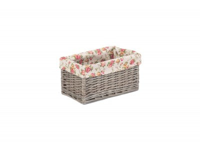 Basket, SMALL ANTIQUE WASH STORAGE BASKET with GARDEN ROSE LINING 