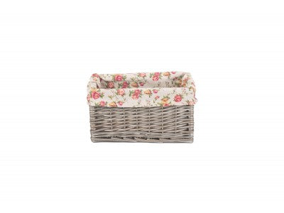 Basket, SMALL ANTIQUE WASH STORAGE BASKET with GARDEN ROSE LINING 