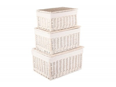 Basket, Set of 3 WHITE WASH FINISH STORAGE HAMPER with WHITE LINING 