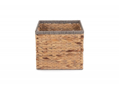 Basket, SMALL SQUARE WATER HYACINTH STORAGE BASKET with GREY ROPE BORDER