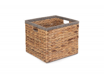 Basket, SMALL SQUARE WATER HYACINTH STORAGE BASKET with GREY ROPE BORDER