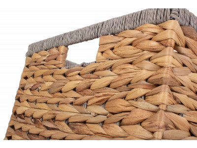 Basket, SMALL SQUARE WATER HYACINTH STORAGE BASKET with GREY ROPE BORDER