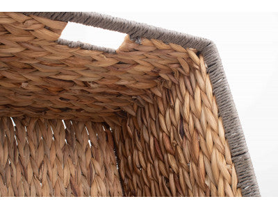 Basket, SMALL SQUARE WATER HYACINTH STORAGE BASKET with GREY ROPE BORDER