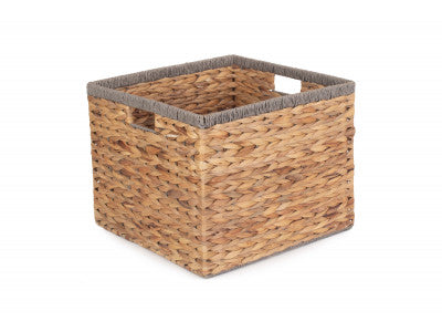 Basket, MEDIUM SQUARE WATER HYACINTH STORAGE BASKET with GREY ROPE BORDER