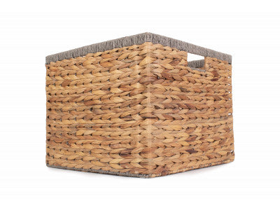 Basket, MEDIUM SQUARE WATER HYACINTH STORAGE BASKET with GREY ROPE BORDER