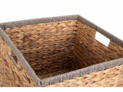 Basket, MEDIUM SQUARE WATER HYACINTH STORAGE BASKET with GREY ROPE BORDER