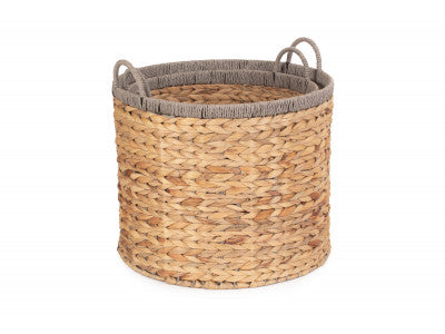 Basket, Set of 2 ROUND WATER HYACINTH STORAGE BASKETS with GREY ROPE BORDER 