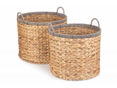 Basket, Set of 2 ROUND WATER HYACINTH STORAGE BASKETS with GREY ROPE BORDER 