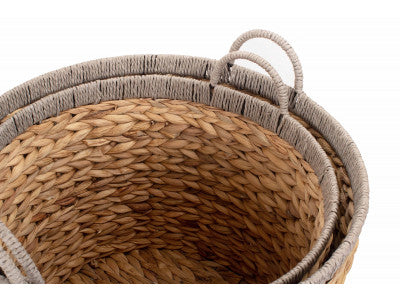Basket, Set of 2 ROUND WATER HYACINTH STORAGE BASKETS with GREY ROPE BORDER 