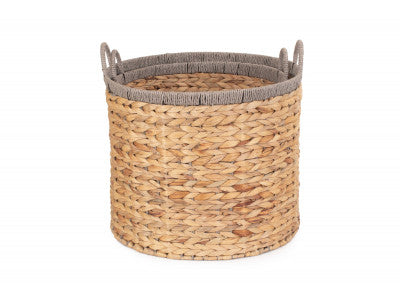 Basket, Set of 2 ROUND WATER HYACINTH STORAGE BASKETS with GREY ROPE BORDER 