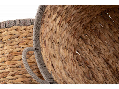 Basket, Set of 2 ROUND WATER HYACINTH STORAGE BASKETS with GREY ROPE BORDER 