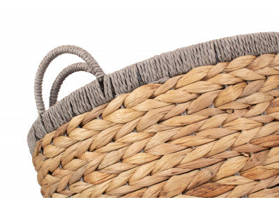 Basket, Set of 2 ROUND WATER HYACINTH STORAGE BASKETS with GREY ROPE BORDER 