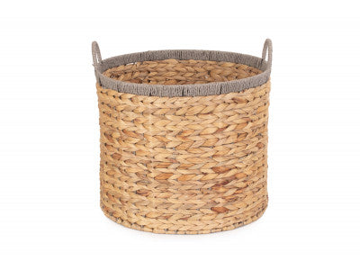 Basket, LARGE ROUND WATER HYACINTH STORAGE BASKET with GREY ROPE BORDER