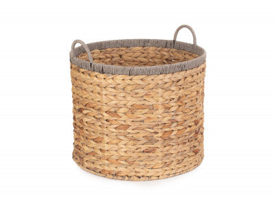 Basket, LARGE ROUND WATER HYACINTH STORAGE BASKET with GREY ROPE BORDER