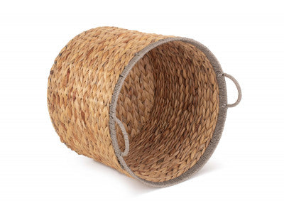 Basket, LARGE ROUND WATER HYACINTH STORAGE BASKET with GREY ROPE BORDER