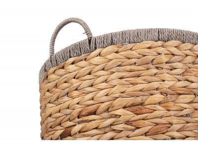 Basket, LARGE ROUND WATER HYACINTH STORAGE BASKET with GREY ROPE BORDER