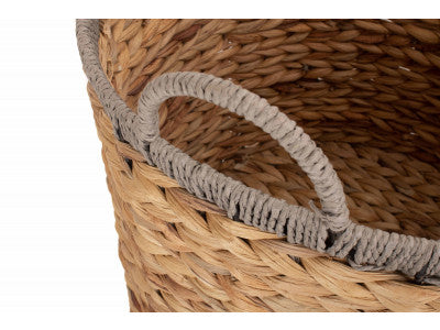 Basket, LARGE ROUND WATER HYACINTH STORAGE BASKET with GREY ROPE BORDER