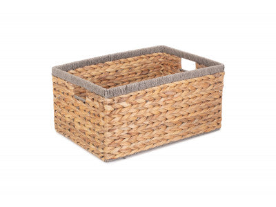 Basket, LARGE WATER HYACINTH RECTANGULAR STORAGE BASKET with GREY ROPE BORDER