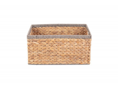 Basket, LARGE WATER HYACINTH RECTANGULAR STORAGE BASKET with GREY ROPE BORDER