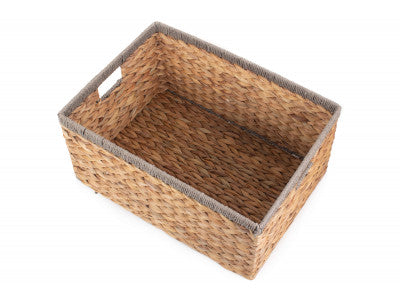 Basket, LARGE WATER HYACINTH RECTANGULAR STORAGE BASKET with GREY ROPE BORDER