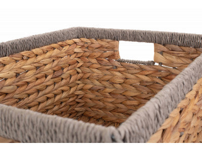 Basket, LARGE WATER HYACINTH RECTANGULAR STORAGE BASKET with GREY ROPE BORDER