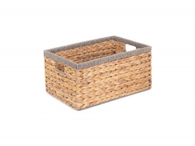Basket, MEDIUM WATER HYACINTH RECTANGULAR STORAGE BASKET with GREY ROPE BORDER