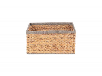 Basket, MEDIUM WATER HYACINTH RECTANGULAR STORAGE BASKET with GREY ROPE BORDER
