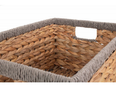 Basket, MEDIUM WATER HYACINTH RECTANGULAR STORAGE BASKET with GREY ROPE BORDER