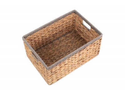 Basket, MEDIUM WATER HYACINTH RECTANGULAR STORAGE BASKET with GREY ROPE BORDER