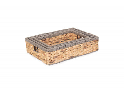 Basket, Set of 3 SHALLOW RECTANGULAR WATER HYACINTH STORAGE BASKETS with GREY ROPE BORDER 