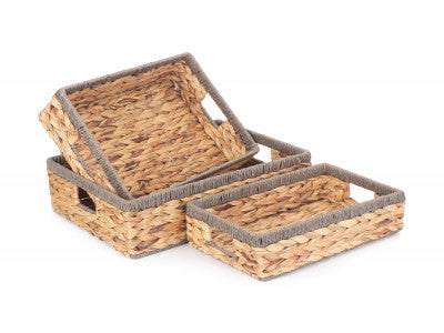 Basket, Set of 3 SHALLOW RECTANGULAR WATER HYACINTH STORAGE BASKETS with GREY ROPE BORDER 