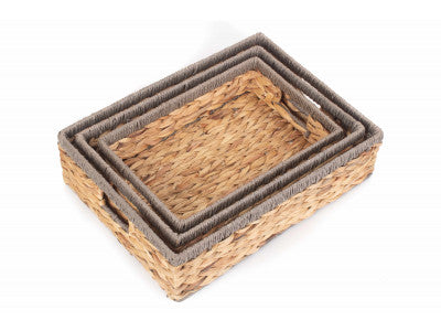 Basket, Set of 3 SHALLOW RECTANGULAR WATER HYACINTH STORAGE BASKETS with GREY ROPE BORDER 