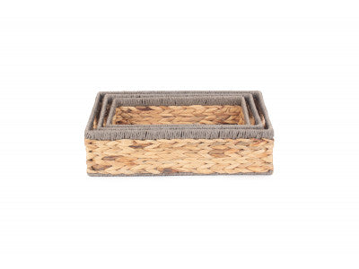 Basket, Set of 3 SHALLOW RECTANGULAR WATER HYACINTH STORAGE BASKETS with GREY ROPE BORDER 