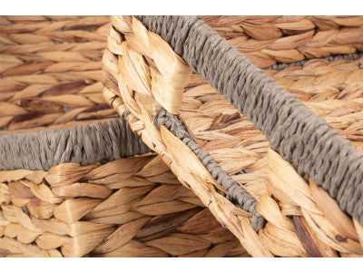 Basket, Set of 3 SHALLOW RECTANGULAR WATER HYACINTH STORAGE BASKETS with GREY ROPE BORDER 