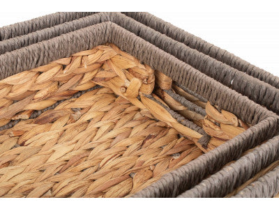 Basket, Set of 3 SHALLOW RECTANGULAR WATER HYACINTH STORAGE BASKETS with GREY ROPE BORDER 