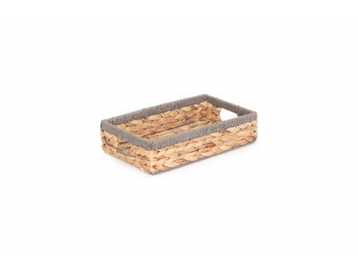 Basket, SMALL SHALLOW RECTANGULAR WATER HYACINTH STORAGE BASKET with GREY ROPE BORDER