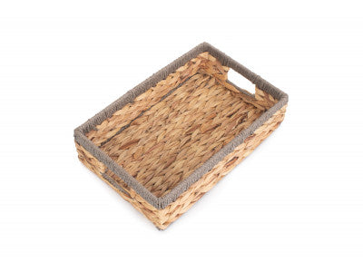 Basket, SMALL SHALLOW RECTANGULAR WATER HYACINTH STORAGE BASKET with GREY ROPE BORDER